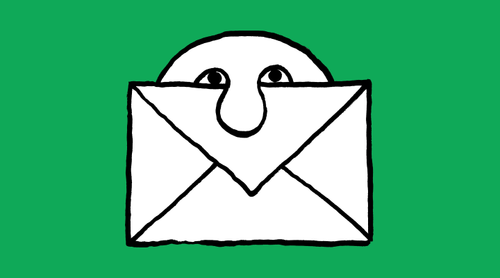 An envelope with a person’s face peeking out from behind