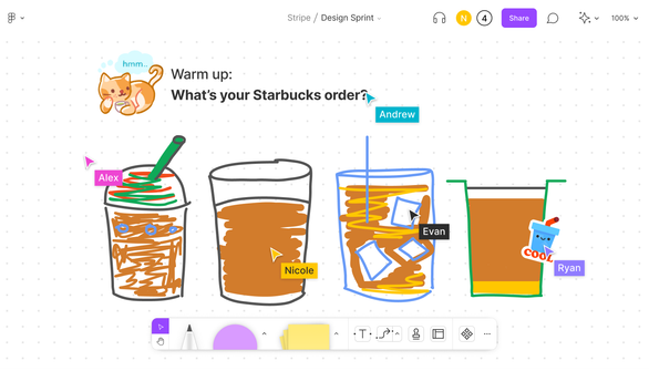 FigJam board with a team doing a warm up exercise labeled “What's your Starbucks order?”. Several members of the team have drawn illustrations of their coffee order.