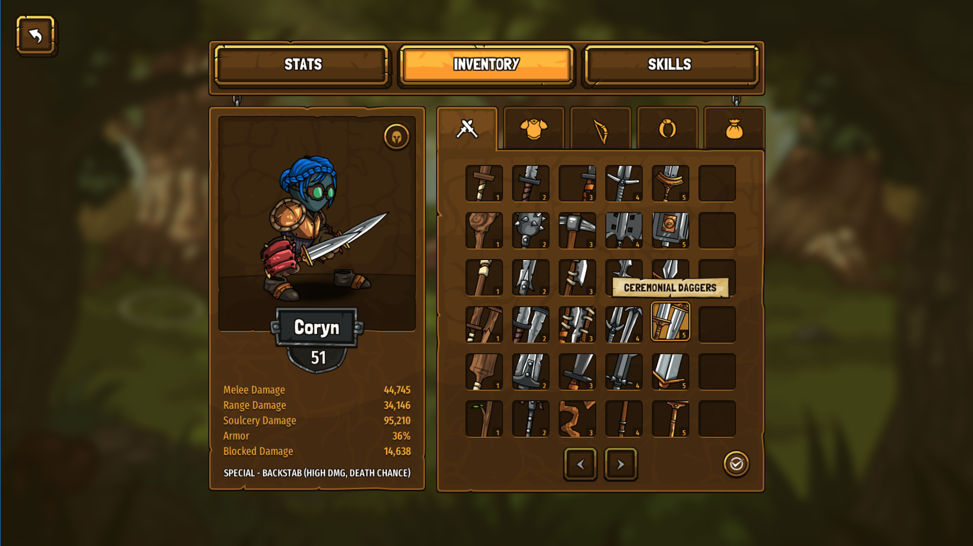 An inventory screen showing the character Coryn’s stats and a grid of weapons, armor, and gear items.