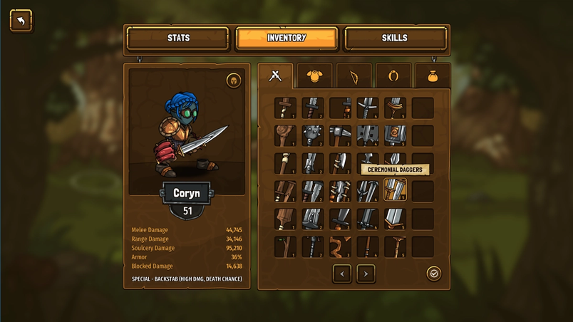 An inventory screen showing the character Coryn’s stats and a grid of weapons, armor, and gear items.