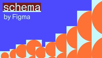 Graphic featuring the word 'schema' in large lowercase letters on a maroon rectangle with light blue text, and 'by Figma' beneath it in smaller light blue text. The background is solid blue, with a pattern of stacked orange semicircles against light blue rectangles rising from the bottom right.