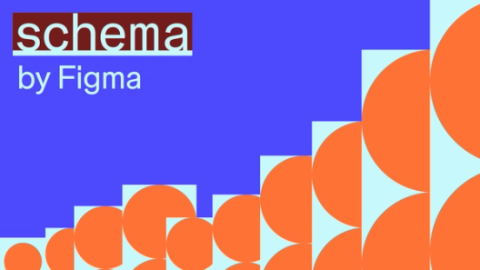 Graphic featuring the word 'schema' in large lowercase letters on a maroon rectangle with light blue text, and 'by Figma' beneath it in smaller light blue text. The background is solid blue, with a pattern of stacked orange semicircles against light blue rectangles rising from the bottom right.