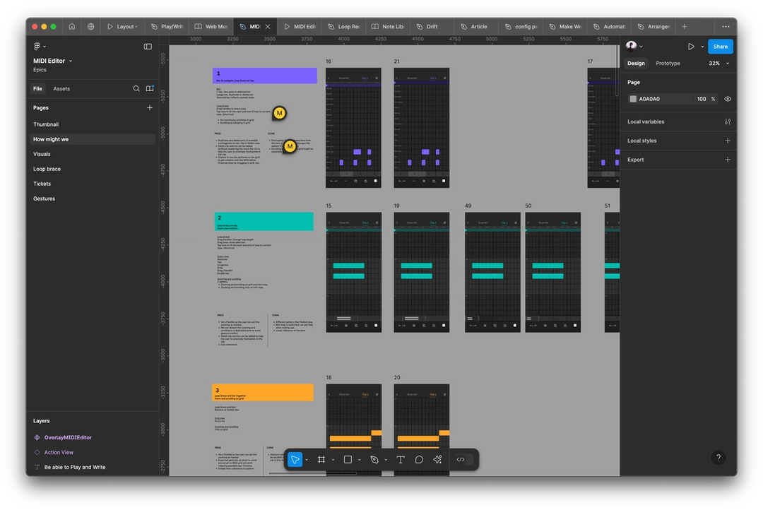 A screenshot of a Figma file shows three explorations of loop brace UI.