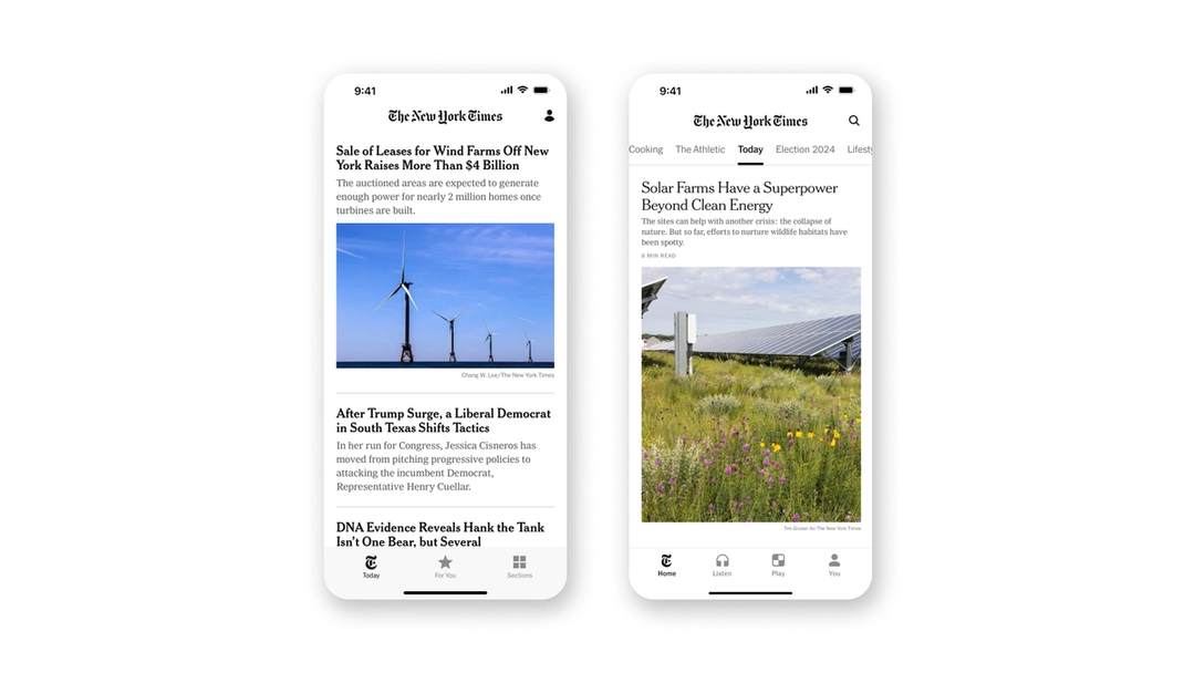 A side by side comparison shows how the redesigned app features a top navigation and larger placements for individual stories