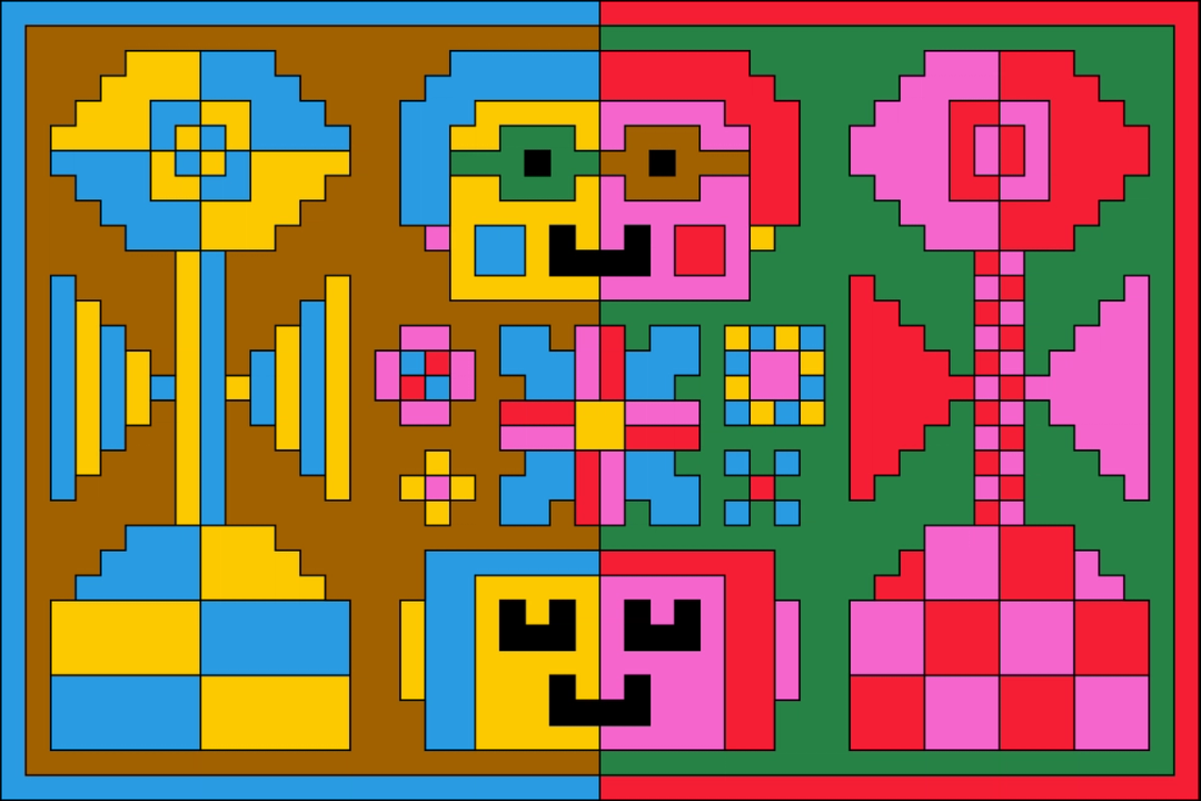 Symmetrical illustration showing two people and flowers with inverse patterning and colors