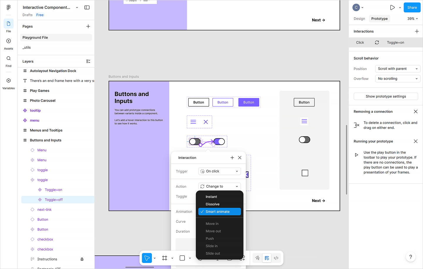 Screenshot of Prototype Mode in Figma, showing the “Smart animate” tool.