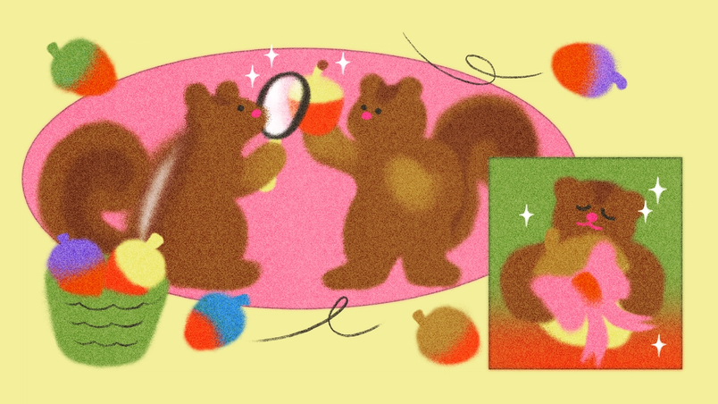 Two cartoon squirrels on a pink background, one examining an acorn with a magnifying glass. A basket of colorful acorns sits nearby. An inset shows a close-up of a squirrel holding an acorn with a bow.