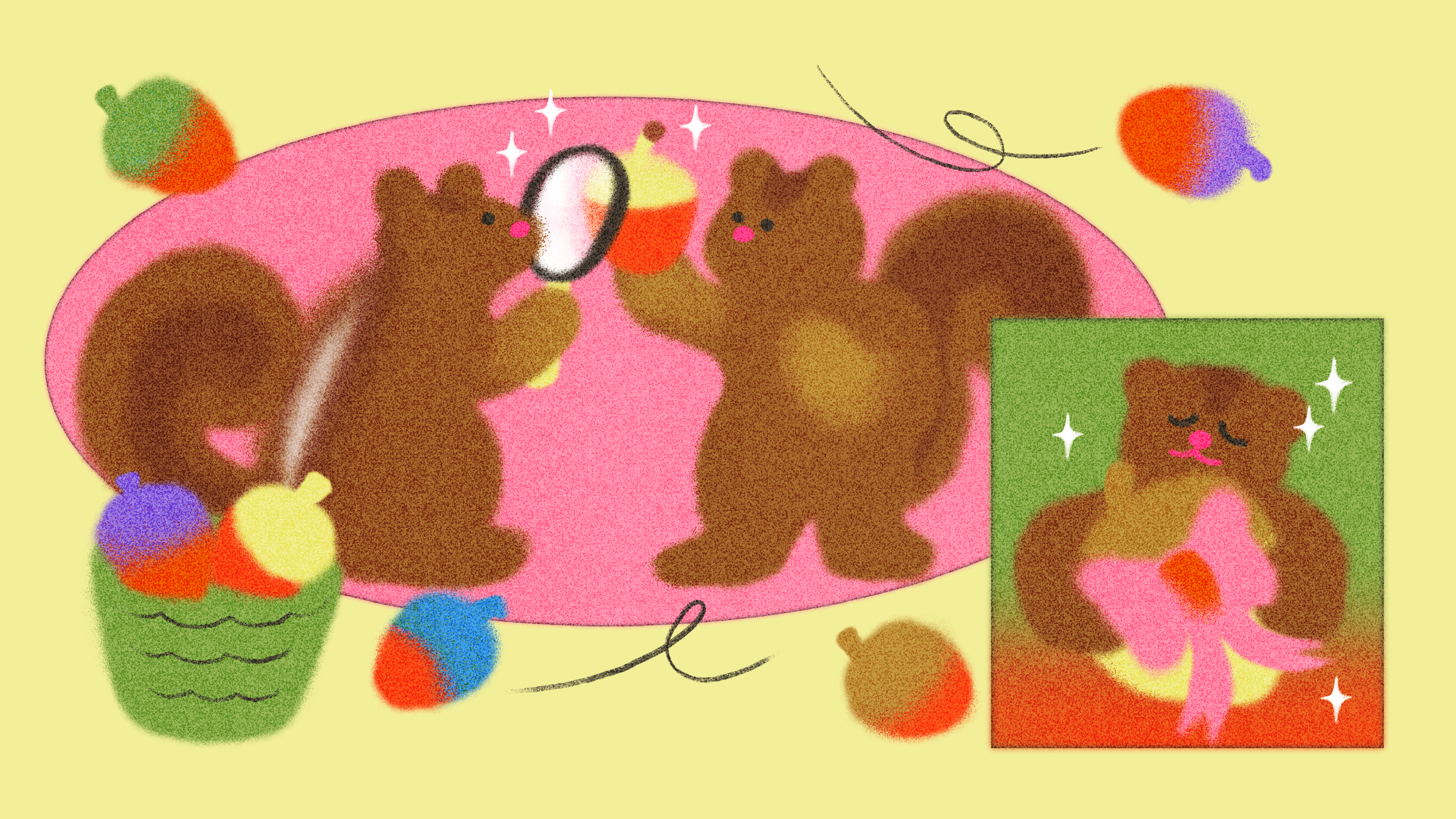 Two cartoon squirrels on a pink background, one examining an acorn with a magnifying glass. A basket of colorful acorns sits nearby. An inset shows a close-up of a squirrel holding an acorn with a bow.