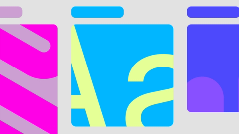 Illustration showing three square graphics laid out on a gray background