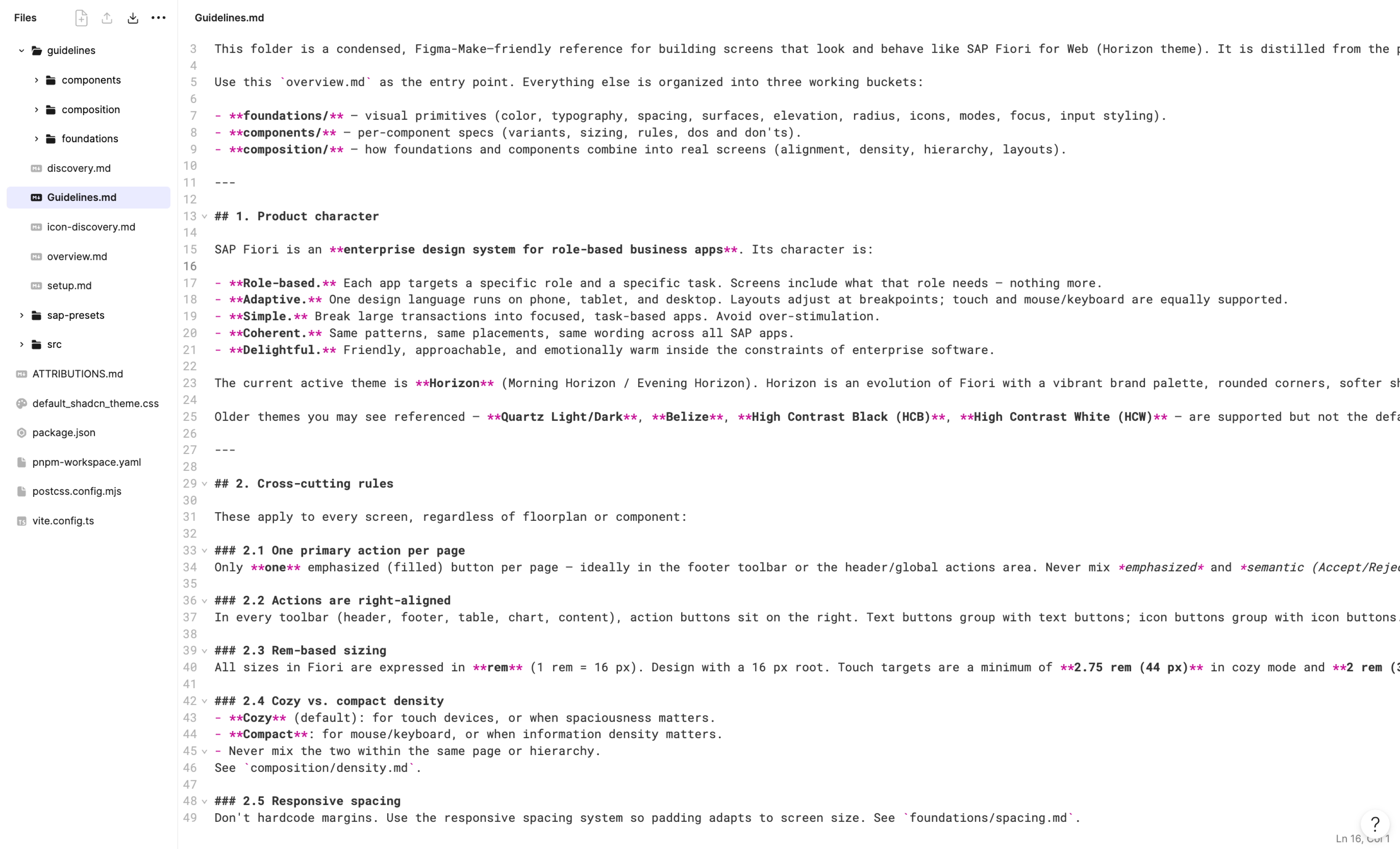 A Guidelines.md file open in a code editor, showing structured Figma Make documentation for SAP Fiori's design system including product character principles and cross-cutting rules