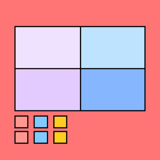 large rectangle divided into four sections with six little squares lined up beneath it