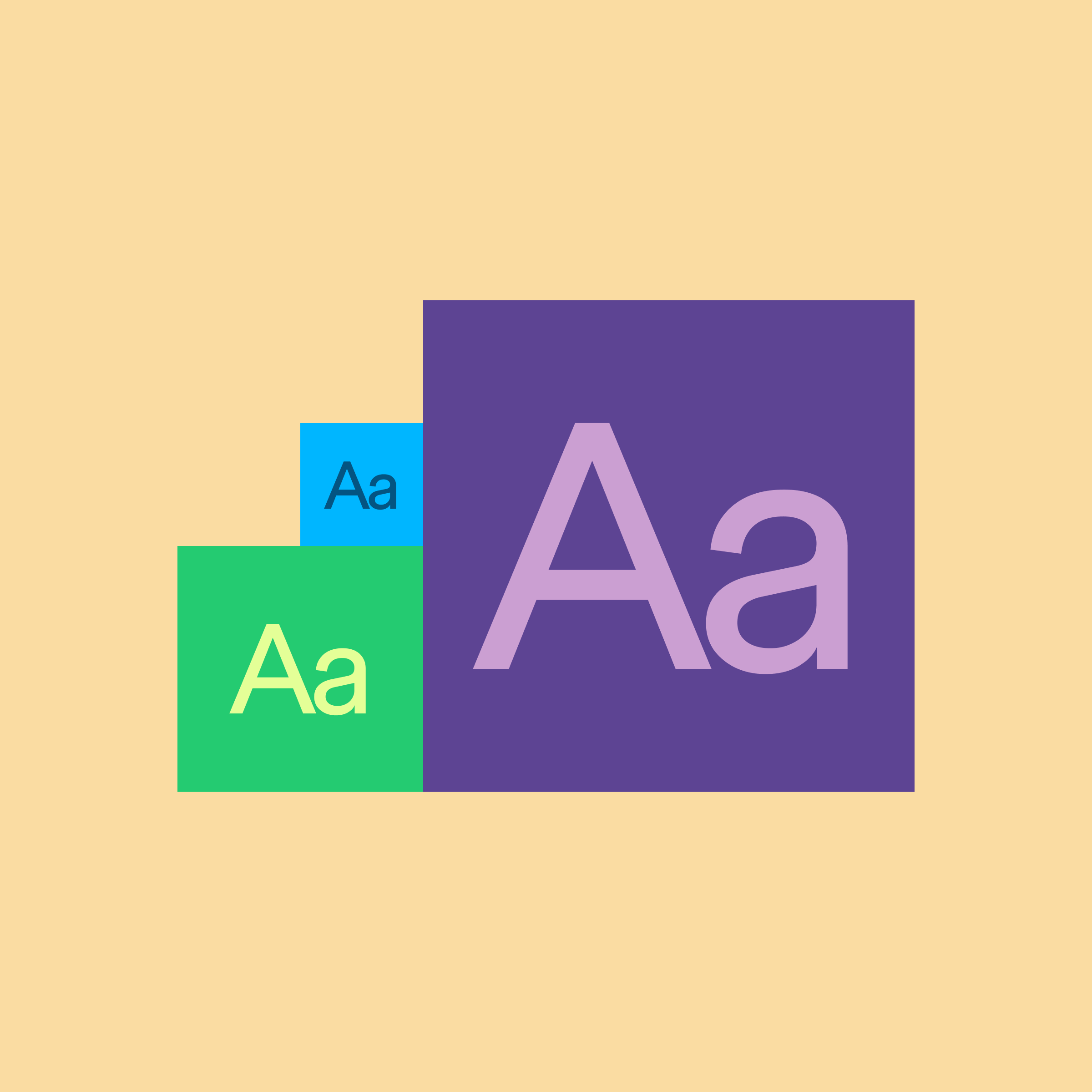Illustration of three overlapping colored squares with ‘Aa’ in increasing sizes, representing typography and font scaling