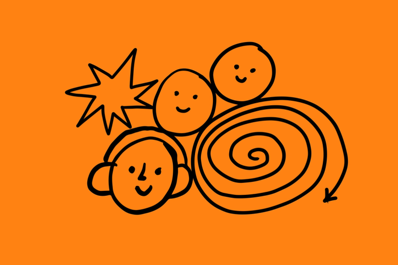 An illustration of three faces, a star, and a spiral, all set against an orange background