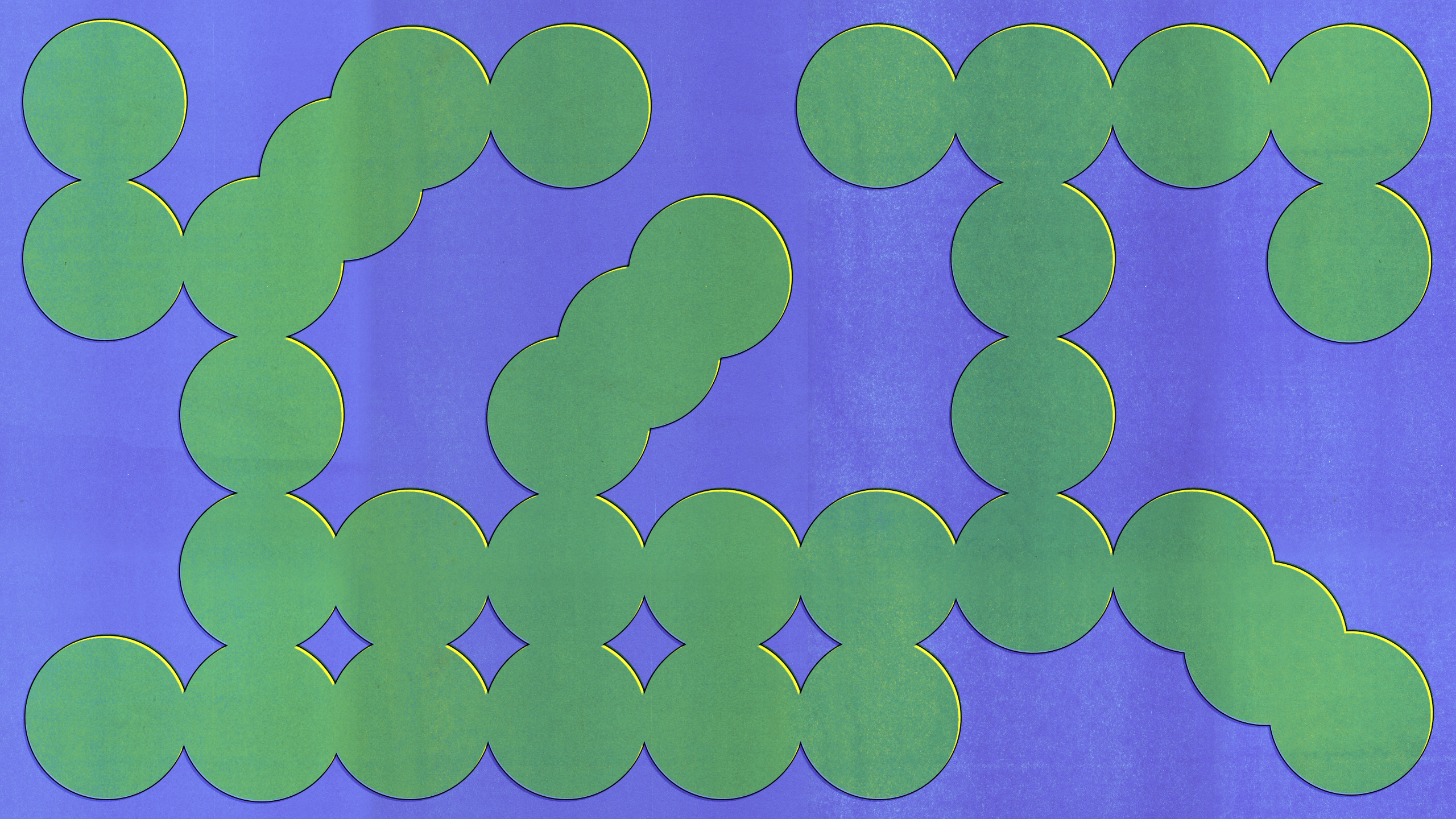 Image of a repetitive pattern of green circles overlapping in rows to create a woven effect, with a blue background.