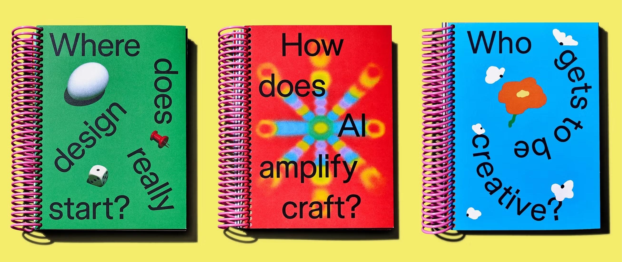 Three colorful spiral-bound book covers featuring bold editorial questions about design, AI, and creativity with playful illustrated graphics.