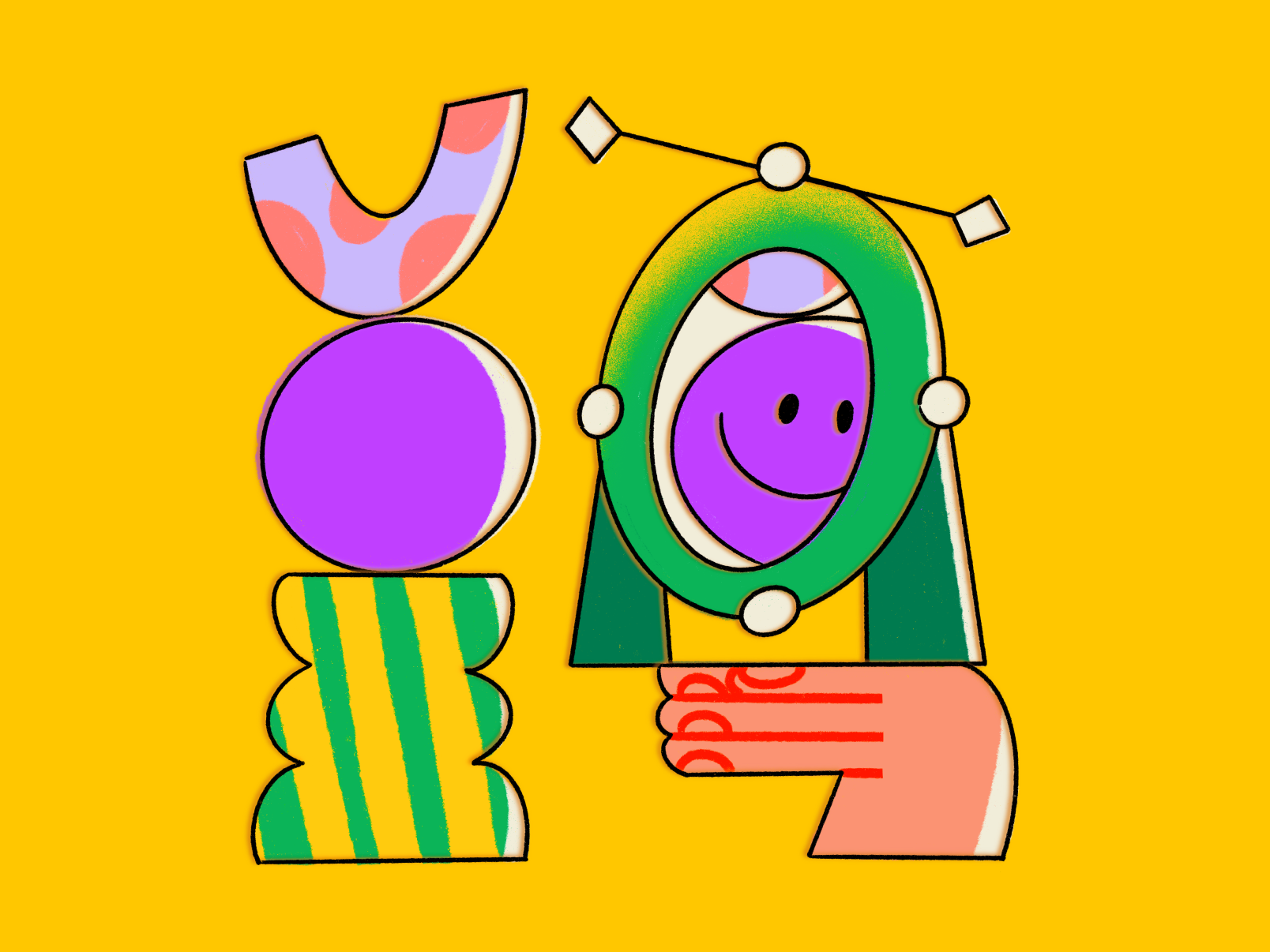 abstract illustration showing multicolored shapes, hand holding a mirror with a purple smiley face