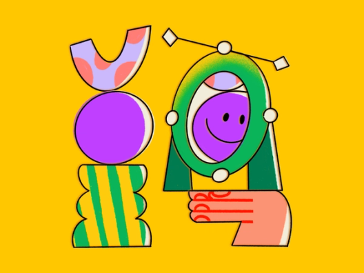 abstract illustration showing multicolored shapes, hand holding a mirror with a purple smiley face