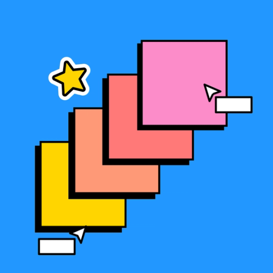 four overlapping sticky notes with mouse cursors hovering on them