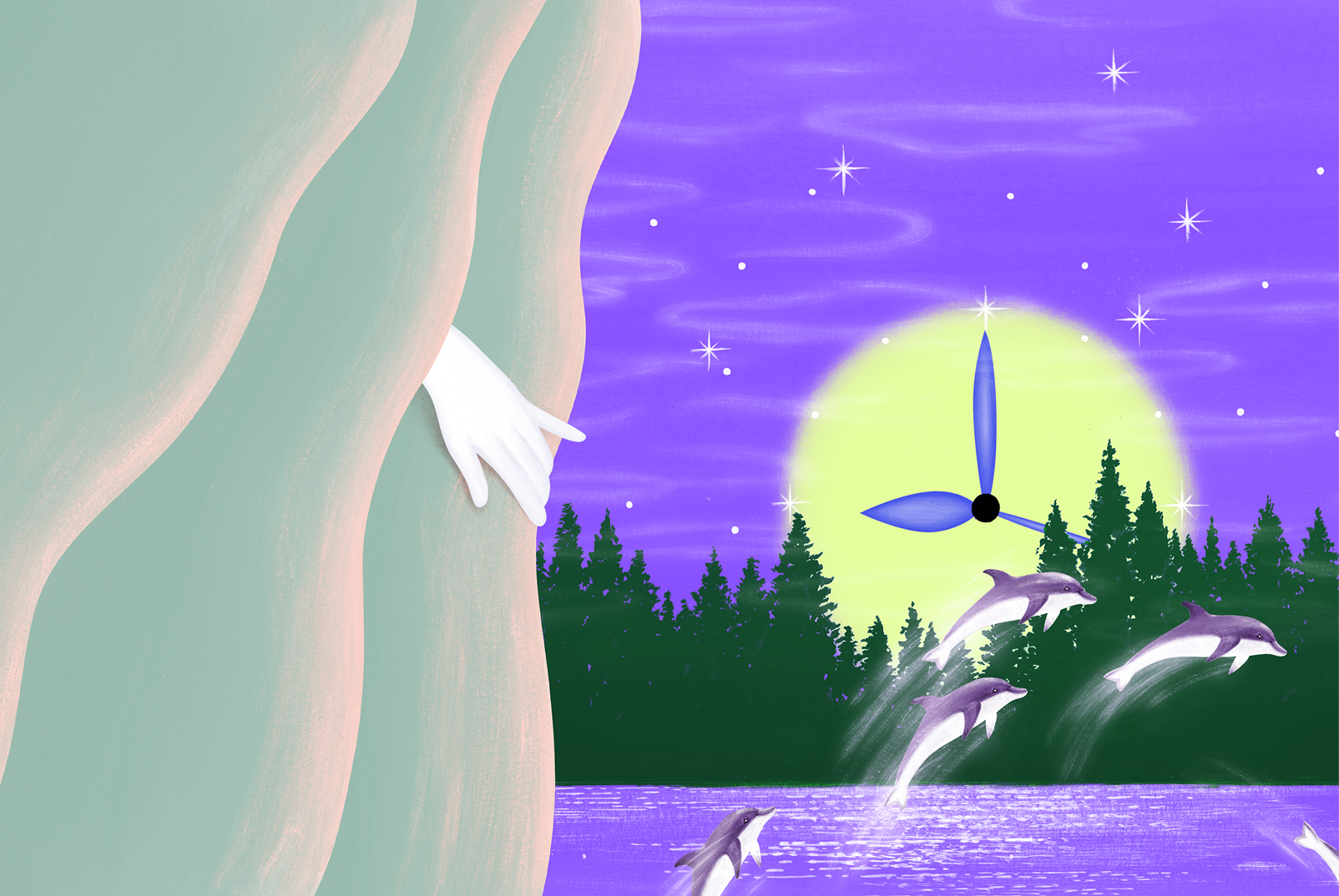 Whimsical illustration of dolphins leaping under a moonlit purple sky, with a hand reaching out from behind flowing green curtains.