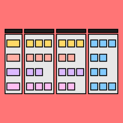 diagram with four rectangular columns and sticky notes within each column
