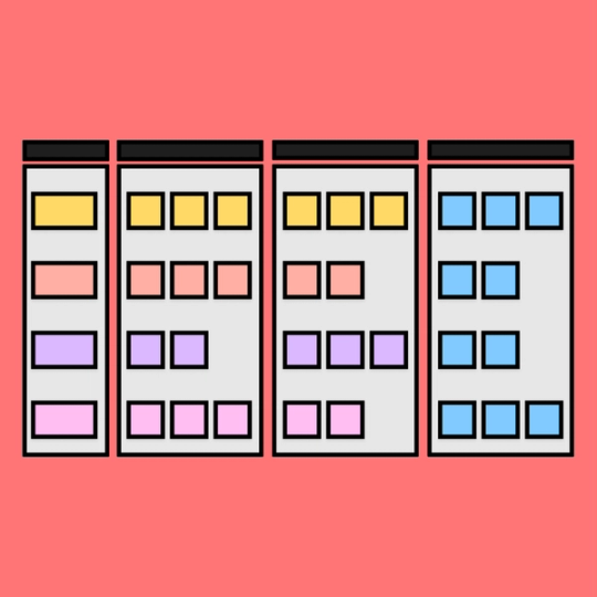 diagram with four rectangular columns and sticky notes within each column