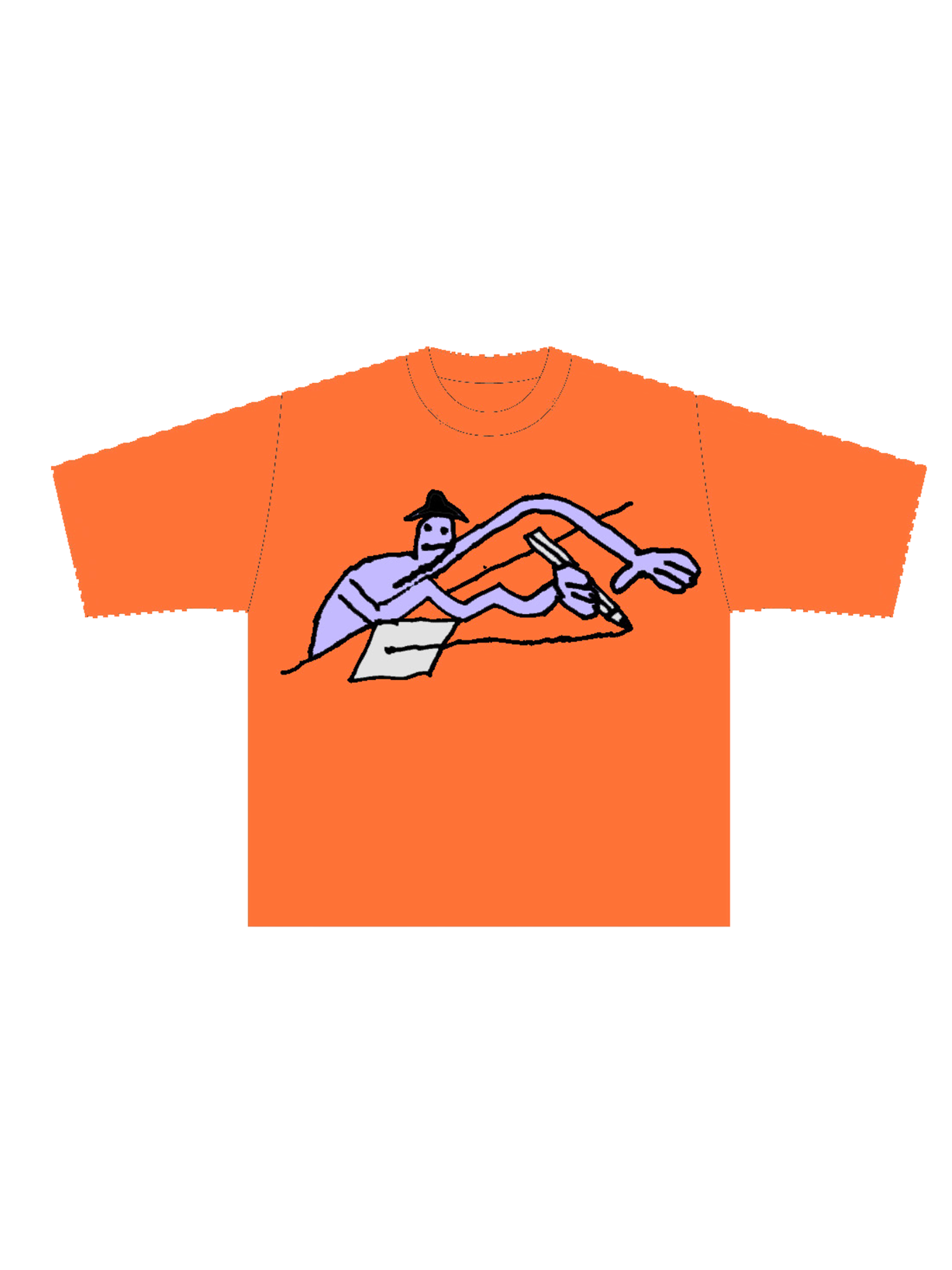 A purple figure with outstretched arms holding a pencil and drawing on paper, printed on an orange t-shirt mockup