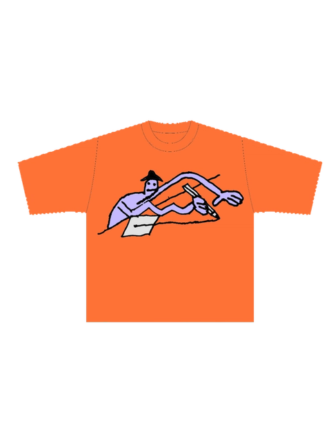 A purple figure with outstretched arms holding a pencil and drawing on paper, printed on an orange t-shirt mockup