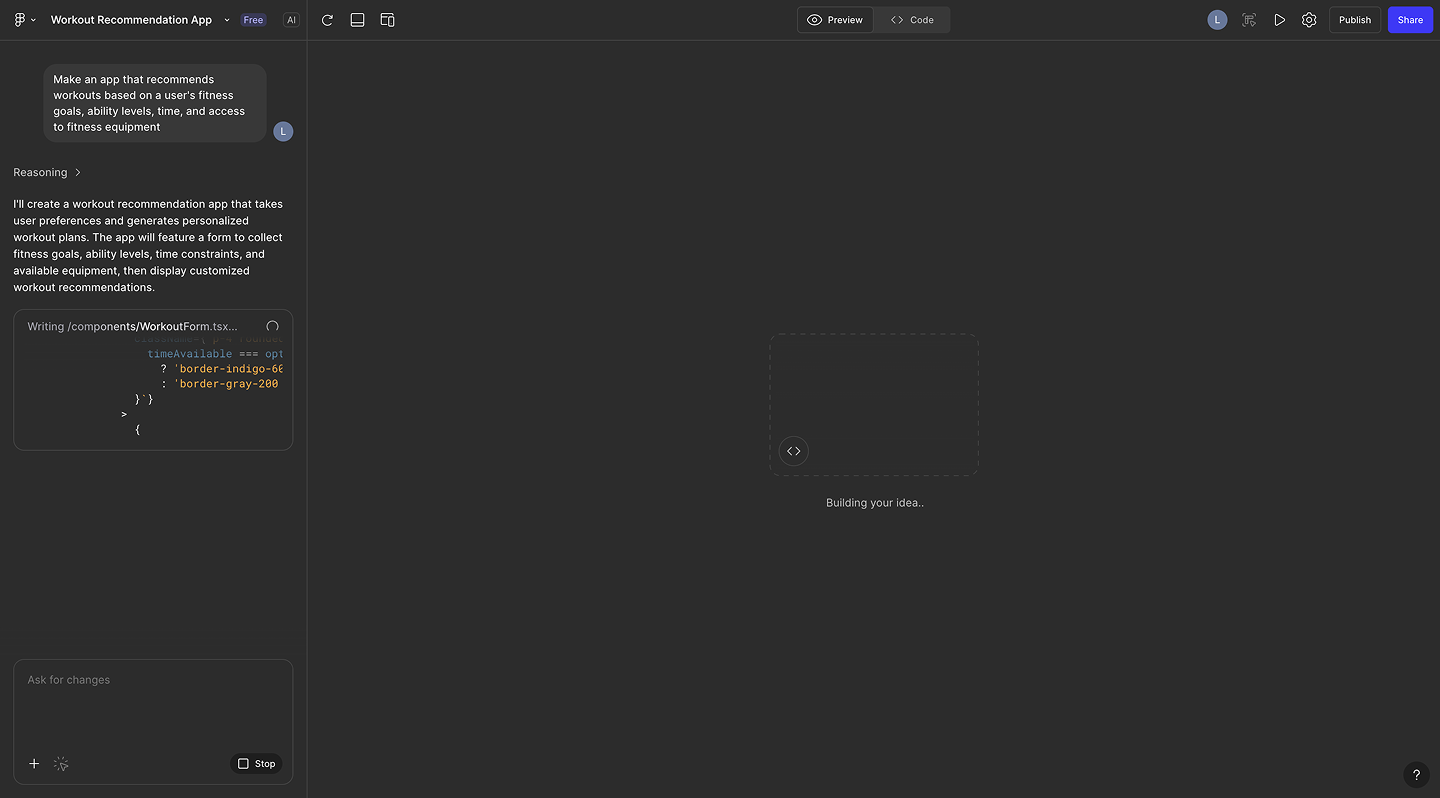 A screenshot of Figma Make as it generates an app from a prompt