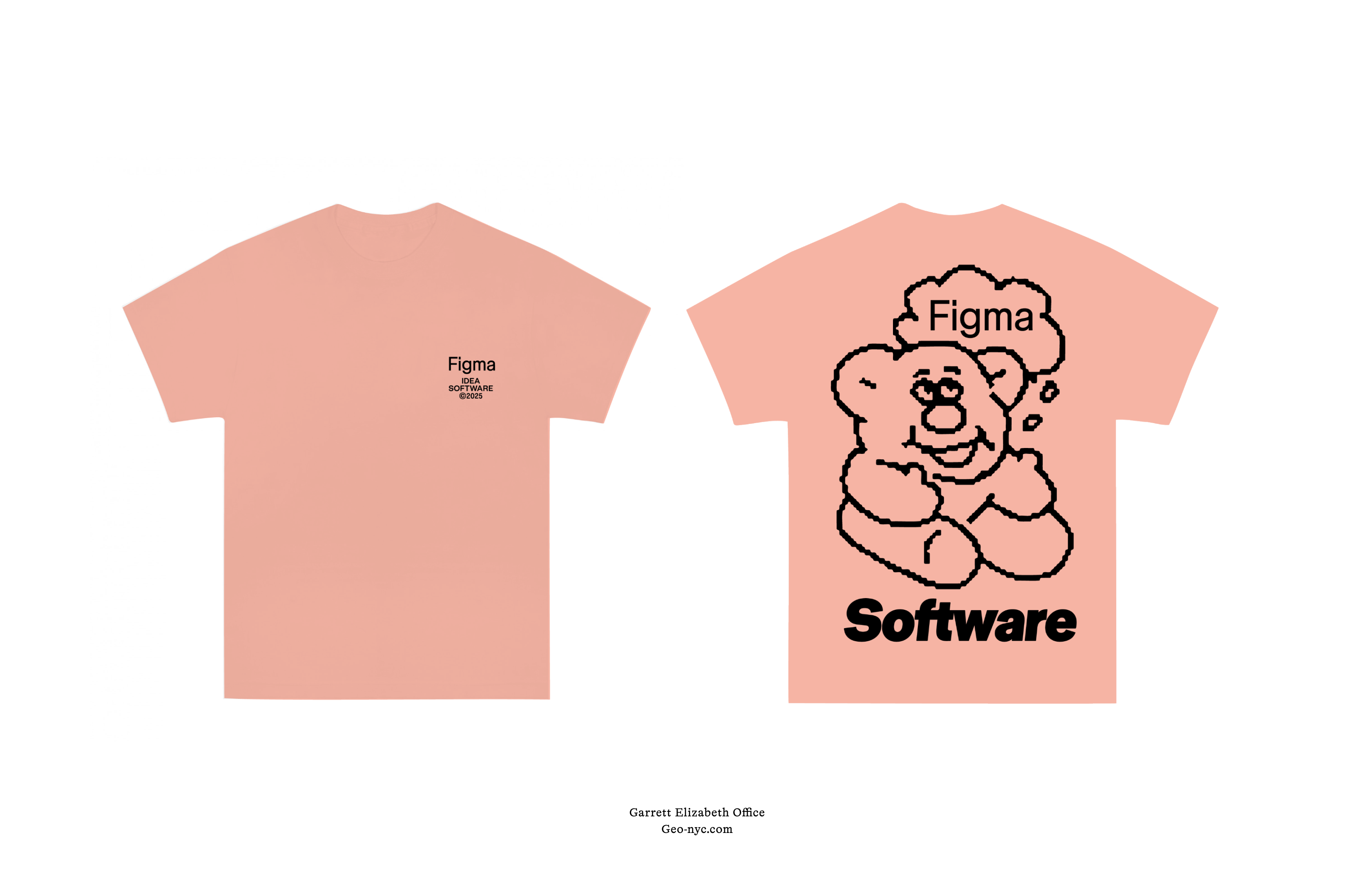 Peach Figma t-shirt with small front text and back showing cartoon teddy bear graphic with “Software” printed in bold black letters.