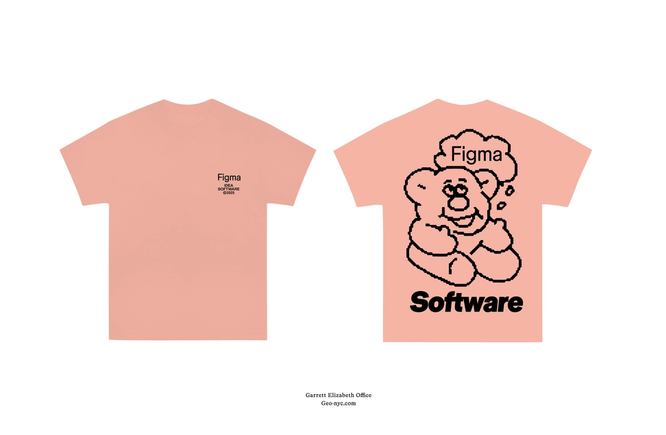 Peach Figma t-shirt with small front text and back showing cartoon teddy bear graphic with “Software” printed in bold black letters.