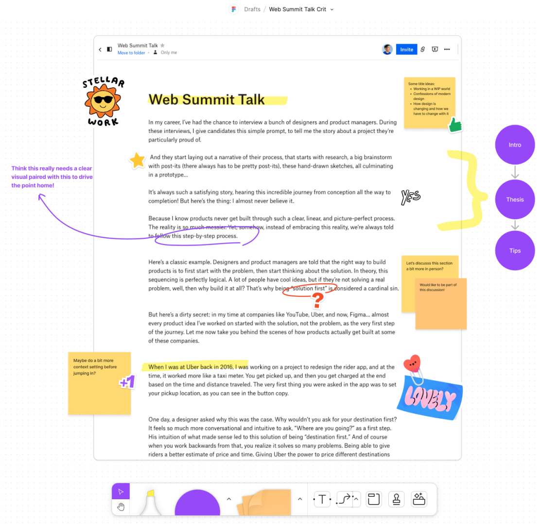 A doc pasted in FigJam with many stickies and comments posted on top