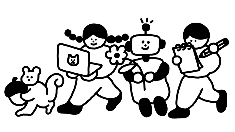 An illustration of a squirrel holding an acorn, a person with pigtails holding an open laptop, a robot holding a flower, and a person writing in a notebook