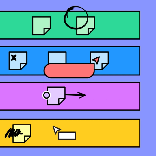 four colorful rectangles with doodles, mouse cursors, and sticky notes