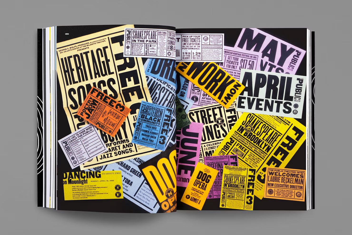 book spread showing various print ephemera from ‘25 Years at the Public: A Love Story’