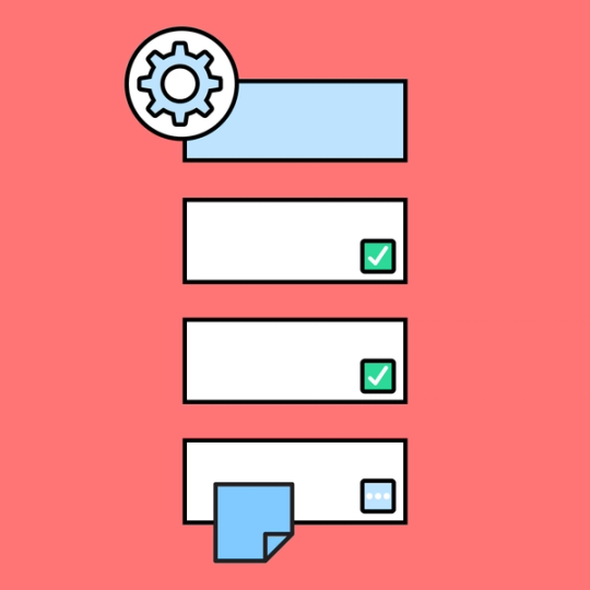 four white and blue text boxes with check symbols and sticky notes overlayed on top