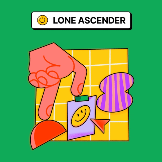 A large hand walking its fingers up geometric shapes like legs up a staircase. The shapes include a mouse pointer shape and a smiley face on a sticky note.