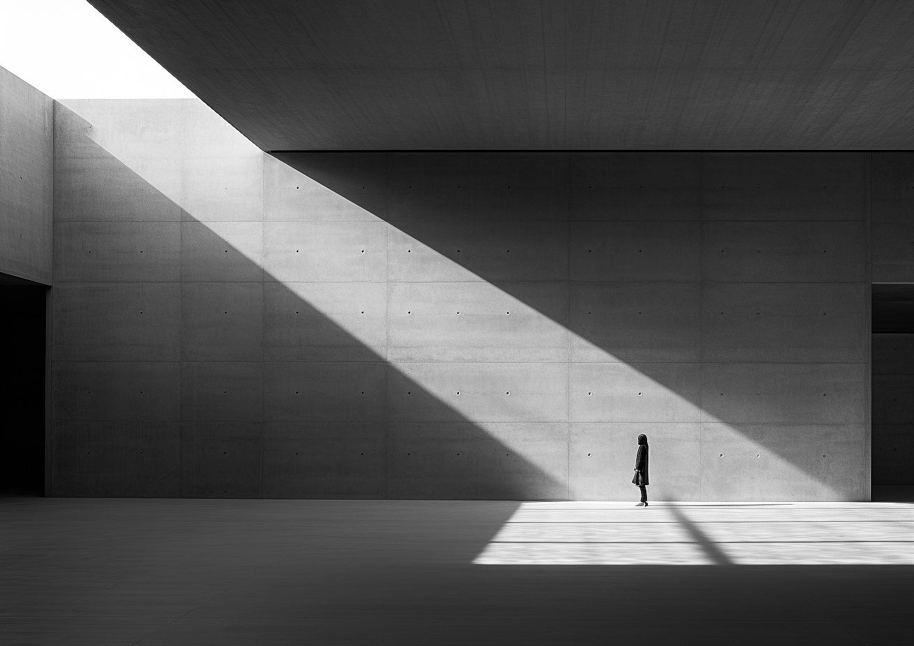 A photo of a Brutalist concrete space with no ornamentation. A shaft of light shines through an opening in the ceiling.