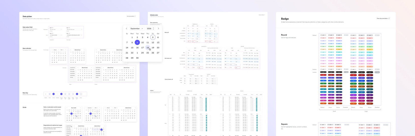 Design system component documentation showing date picker, data table, and badge component examples.