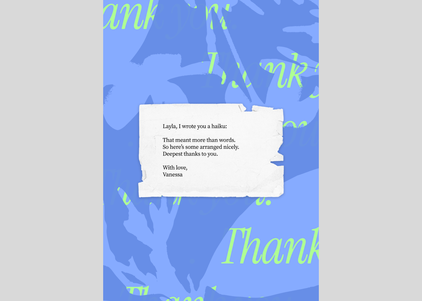 Screenshot of a sentimental thank you card template.