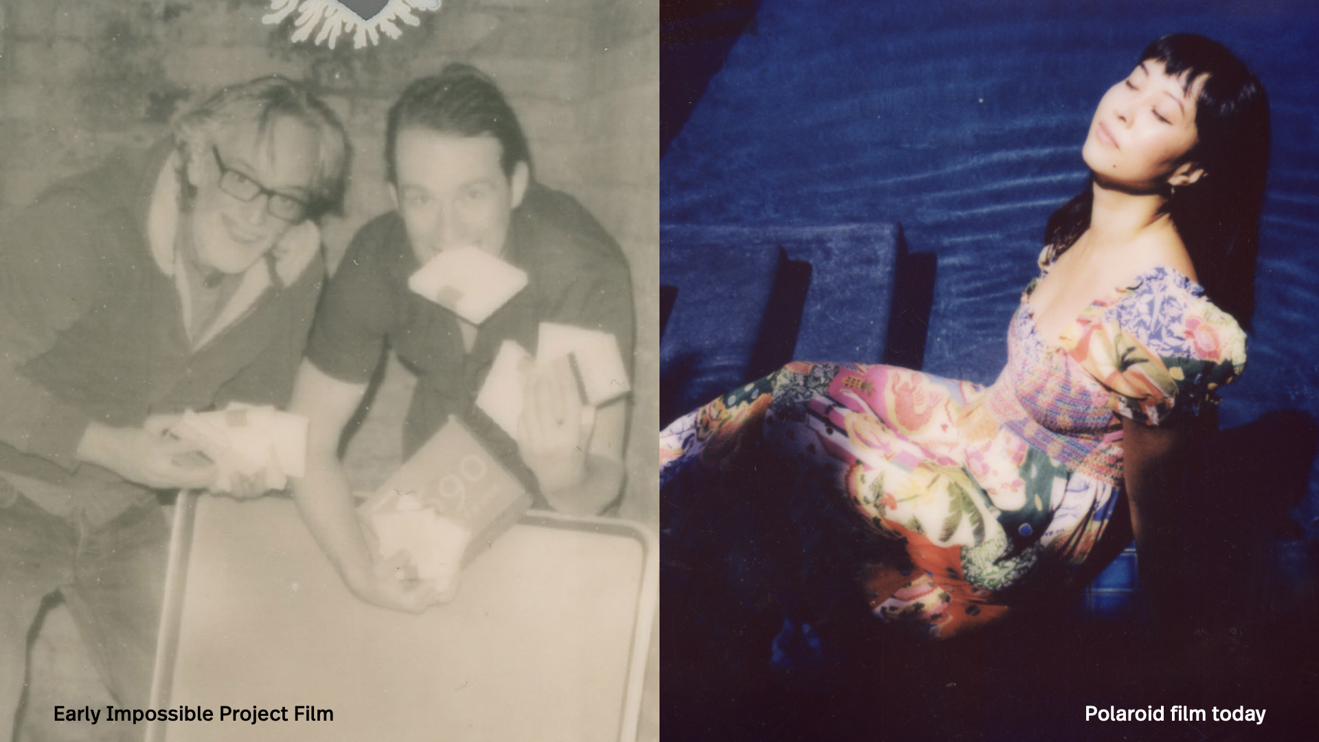 On the left is an older, sepia-toned photo labeled "Early Impossible Project Film" showing two people sitting together. On the right is a more vibrant photo labeled "Polaroid film today" featuring a person with dark hair wearing a colorful floral outfit.