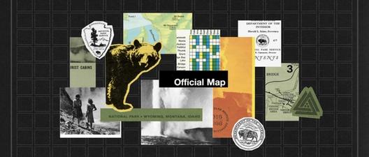 A collage of images, maps, text, and graphics from archival NPS brochures on a black grid