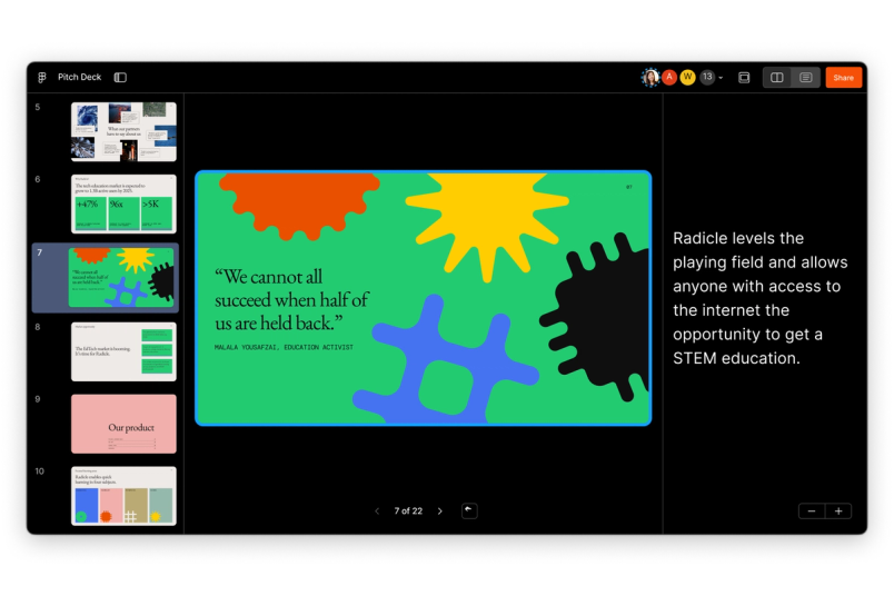 A presentation slide with a colorful background featuring abstract shapes. The quote reads, "We cannot all succeed when half of us are held back," attributed to Malala Yousafzai, with additional text about the organization's mission to provide STEM education access.