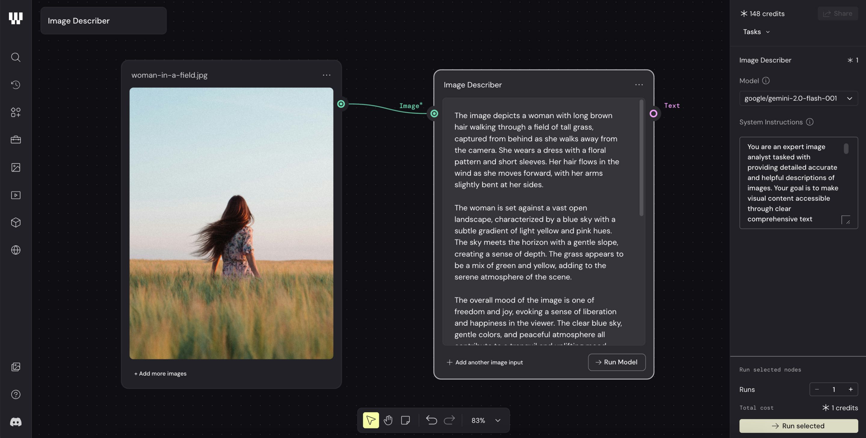 Figma Weave’s Image Describer node analyzing a reference photo and generating a detailed style description for use in a generative AI design workflow.