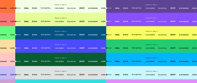 Rows of Figma’s partner logos and company names, including Atlassian, Dribbble, Microsoft, GitHub, and others, against varying background colors, conveying diverse brand partnerships.