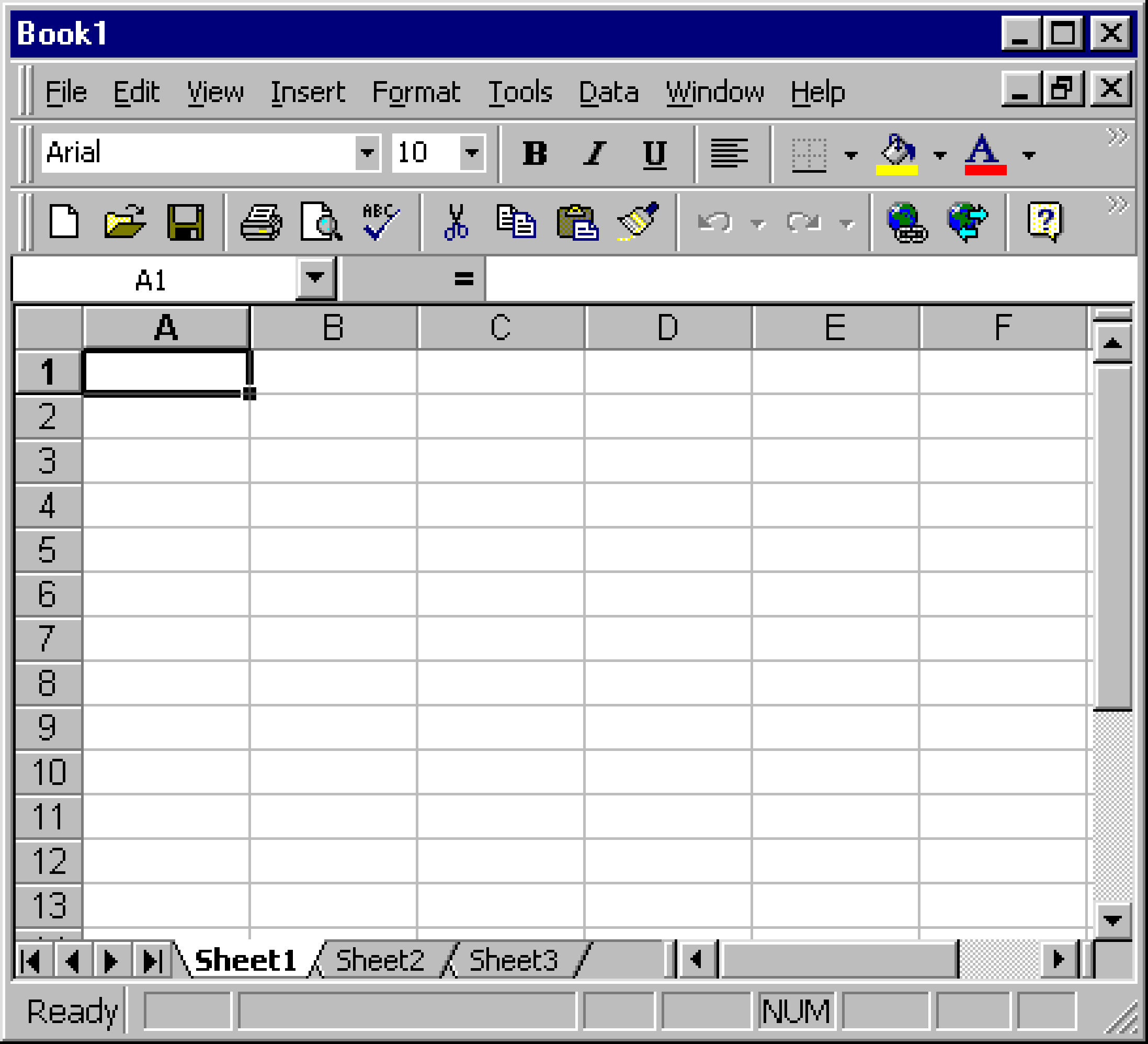A classic spreadsheet interface with a toolbar displaying icons such as save, print, and bold. The grid is empty, and tabs show Sheet1, Sheet2, and Sheet3.