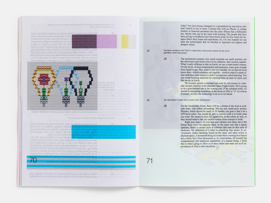 A magazine spread shows text and images printed on vellum. On the left, overlapping illustrations of pixelated light bulbs are placed over blue color bars.