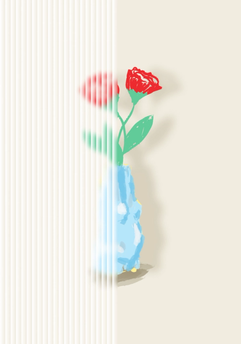 Rote Blumen in blauer Vase auf beigem Hintergrund, mit gerippter Texturüberlagerung auf der linken Seite