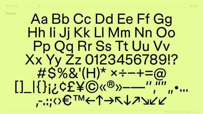 Black text on lime green background showing the character set of Figma Sans Regular