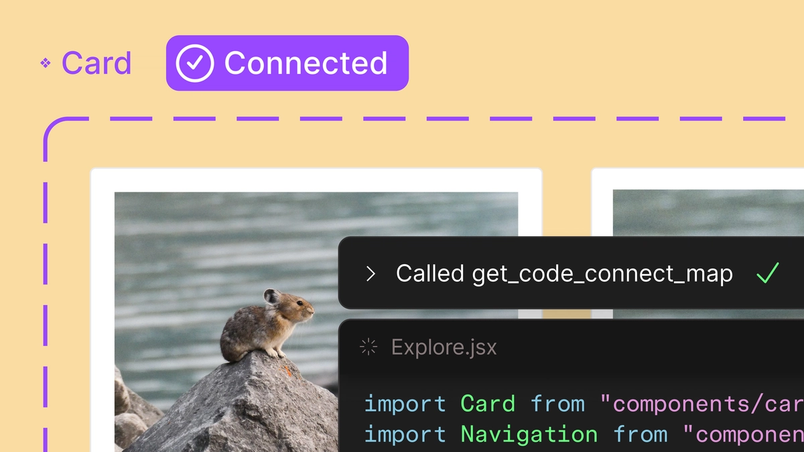 Illustration, die eine UI-Komponente namens Card zeigt, verbunden mit Code durch Importieren und eine visuelle Vorschau.