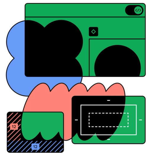 Transparent shapes are layered, creating solid shapes and patterns within the negative spaces
